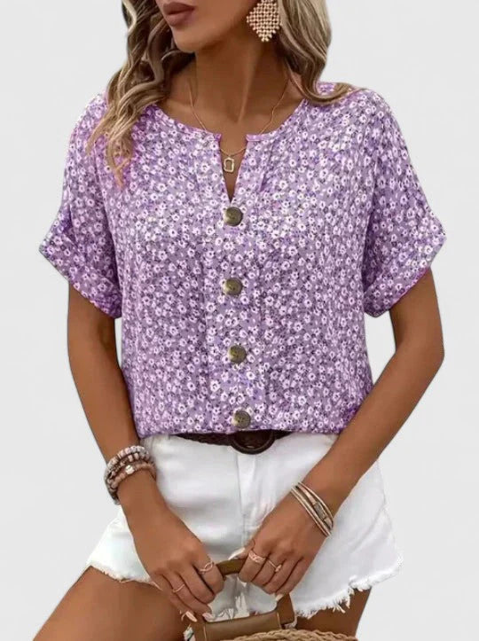 Dames Blouse Korte Mouw met Bloemenprint en Knoopsluiting