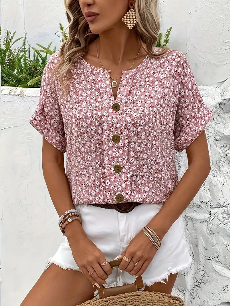 Dames Blouse Korte Mouw met Bloemenprint en Knoopsluiting