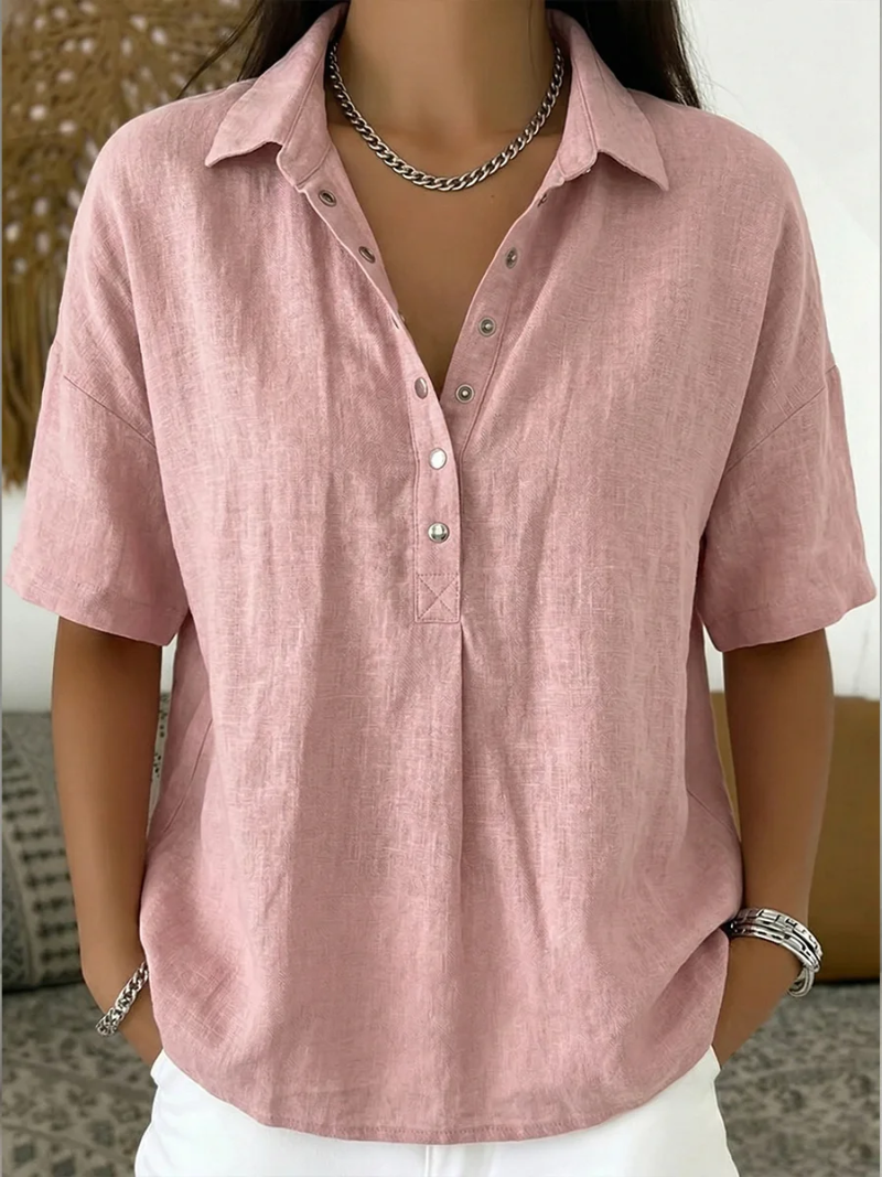 Dames Blouse Korte Mouw met Kraag en Knoopdetail Roze