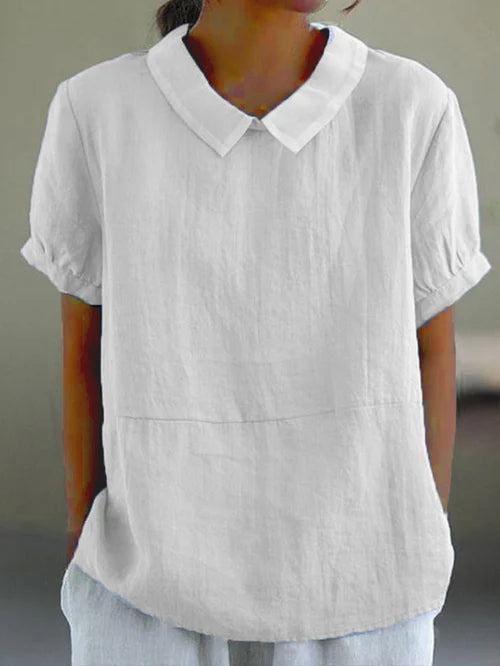 Dames Blouse Korte Mouw met Kraag en Relaxed Fit Wit