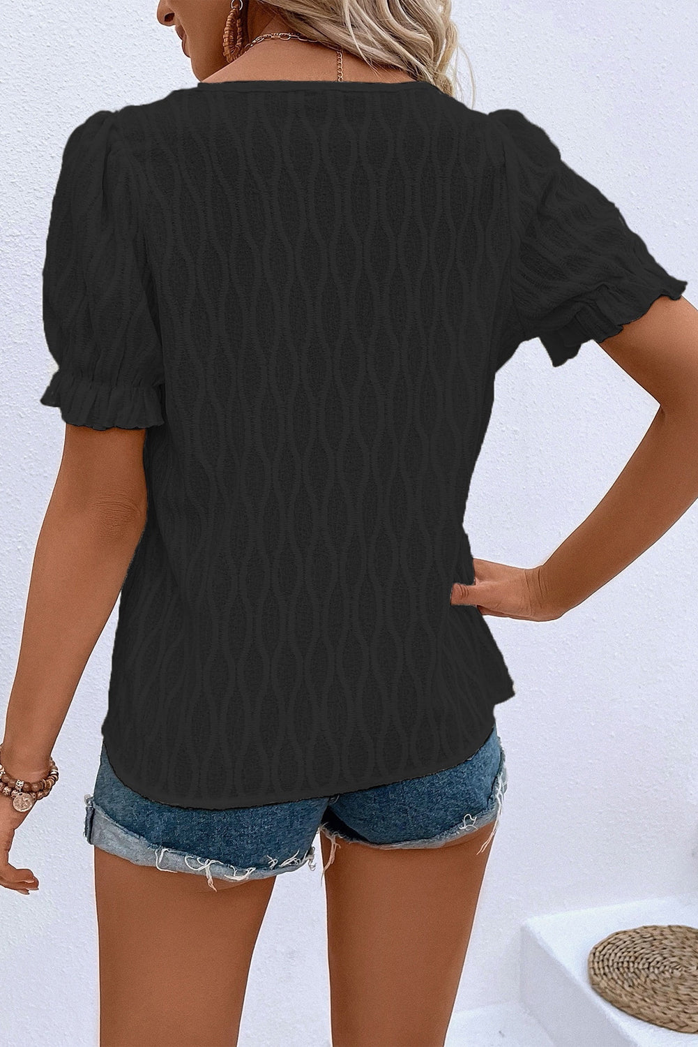 Dames Blouse Korte Mouw met Splitkraag en Pofmouwen
