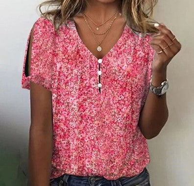 Dames Blouse Korte Mouw met V-hals en Bloemenprint Roze