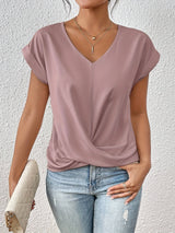 Dames Blouse Korte Mouw met V-hals en Gekruiste Plooival