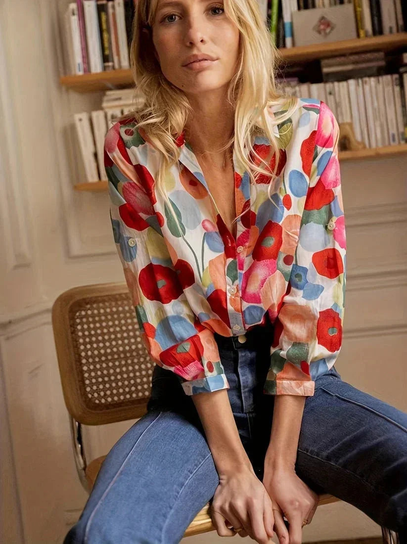 Dames Blouse Lange Mouw met Bloemenprint en V-hals