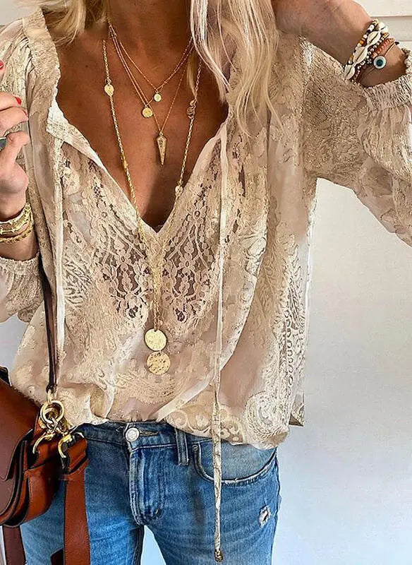 Dames Blouse Lange Mouw met Diepe V-hals en Strikdetail Bohemian Style