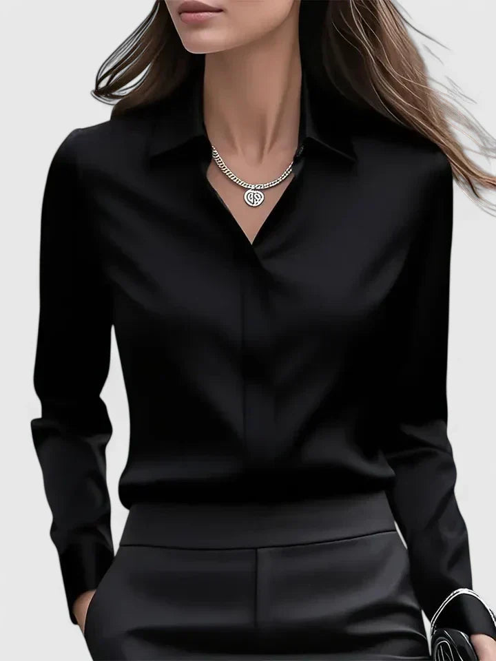 Dames Blouse Lange Mouw met Kraag en Verborgen Knoopsluiting Zwart