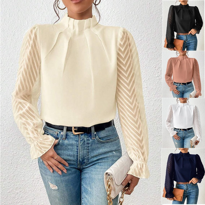 Dames Blouse Lange Mouw met Strikje Kraag en Transparante Mouwen