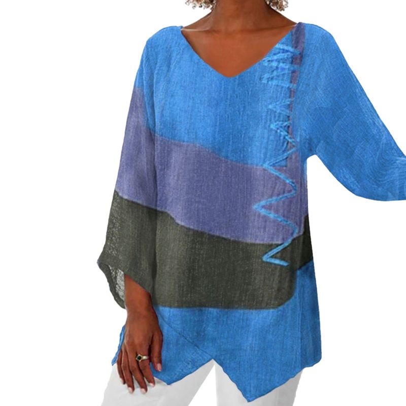Dames Blouse Lange Mouw met V-hals en Asymmetrische Zoom Blauw