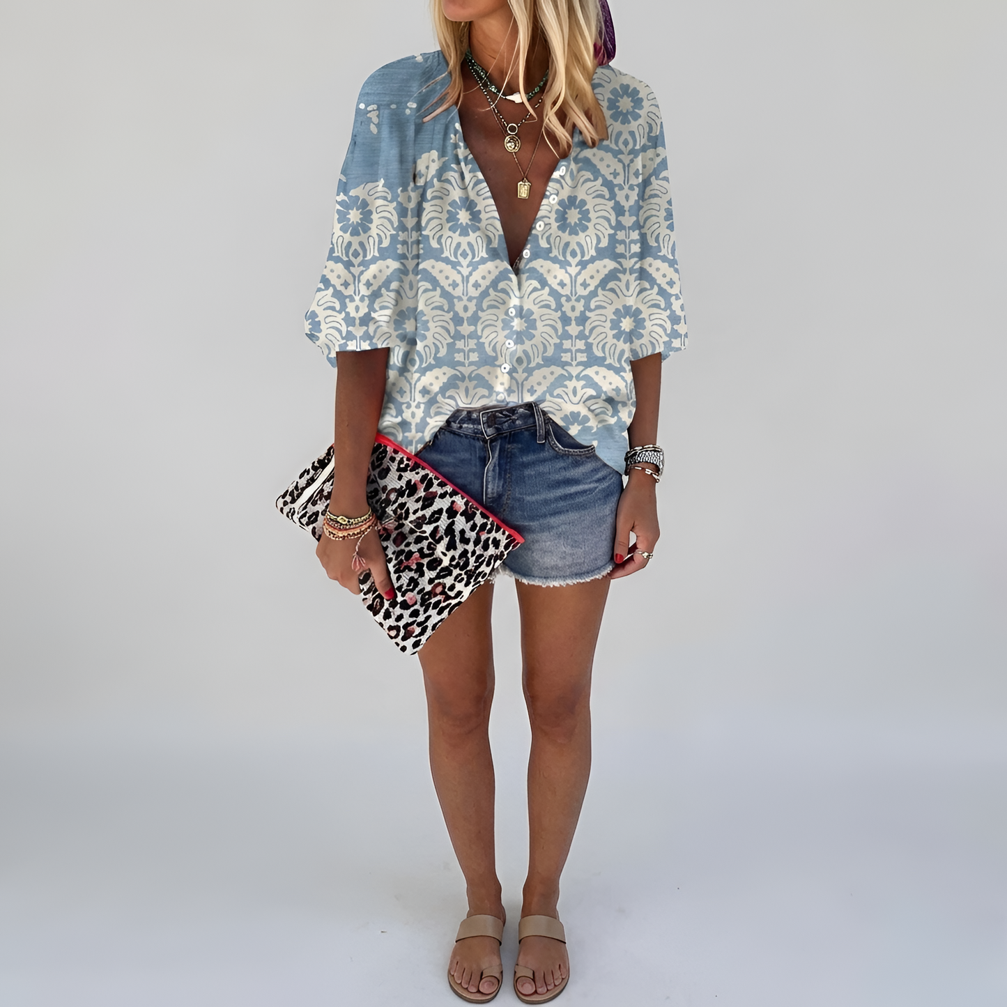 Dames Blouse Lange Mouw met V-hals en Bloemenprint Blauw