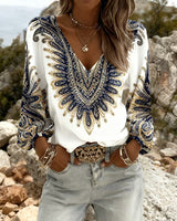 Dames Blouse Lange Mouw met V-hals en Paisley Print