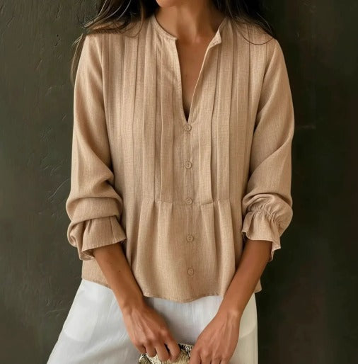 Dames Blouse Lange Mouw met V-hals, Plissé en Peplum Zoom Beige