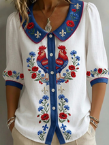 Dames Blouse met Haan Print, Bloemen en Peter Pan Kraag