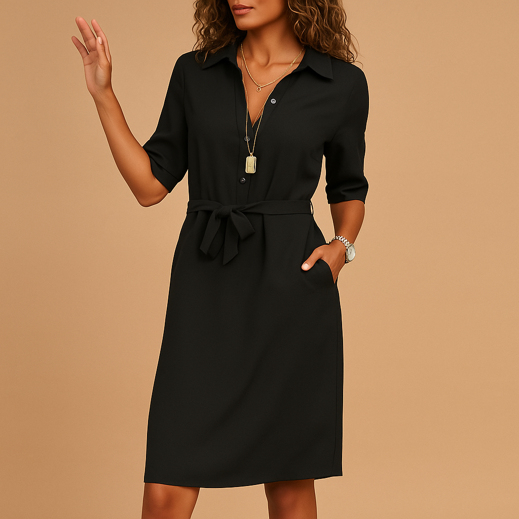 Dames Blousejurk Midi met Hemdkraag, Strikceintuur en Driekwart Mouw Zwart