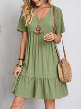Dames Bohemian Jurk Korte Mouw met V-hals en Gelaagde Rok