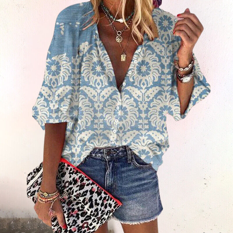 Dames Boho Blouse met V-hals en Knoopjes Lange Mouw Bloemenprint Blauw