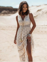 Dames Boho Maxi Jurk Mouwloos met V-hals en Kant