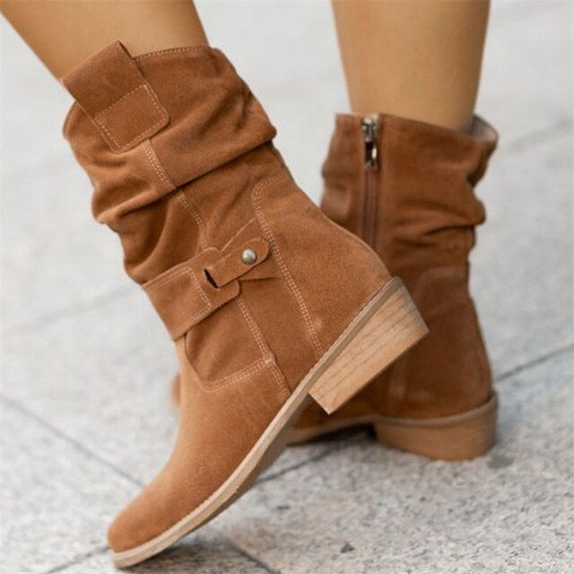 Dames Boots met Lage Hak, Ronde Neus en Geplooid Schafte Detail Bruin