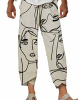 Dames Broek met Abstracte Gezichtenprint en Elastische Taille