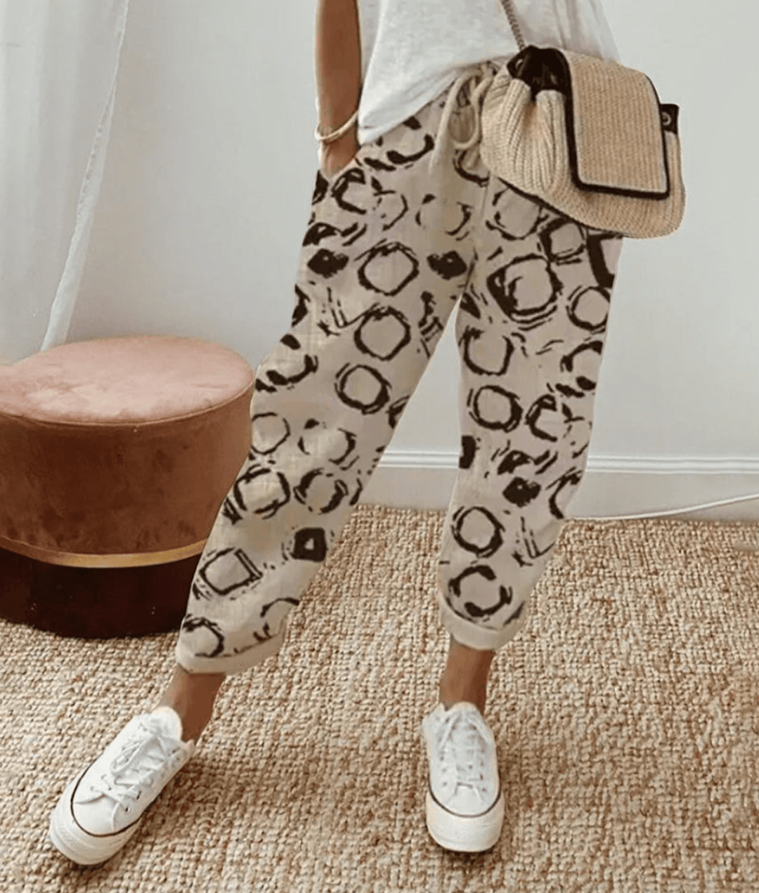 Dames Broek met Elastische Taille en Koordjes Casual Loose Fit Beige met Stippen