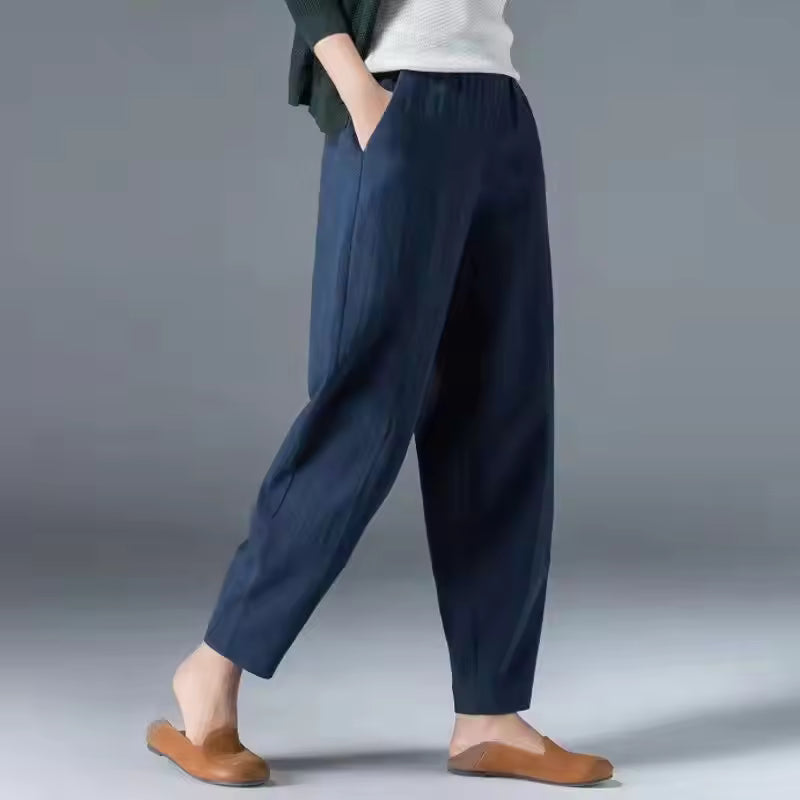 Dames Broek met Elastische Taille en Zijzakken Donkerblauw