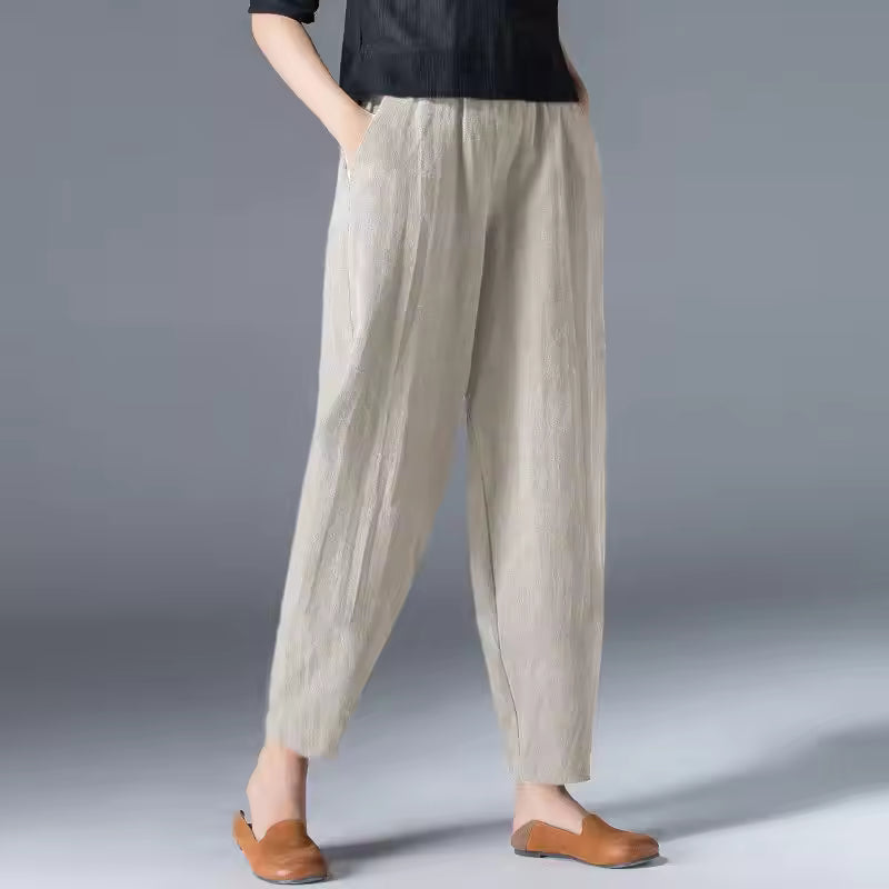 Dames Broek met Elastische Taille en Zijzakken Beige