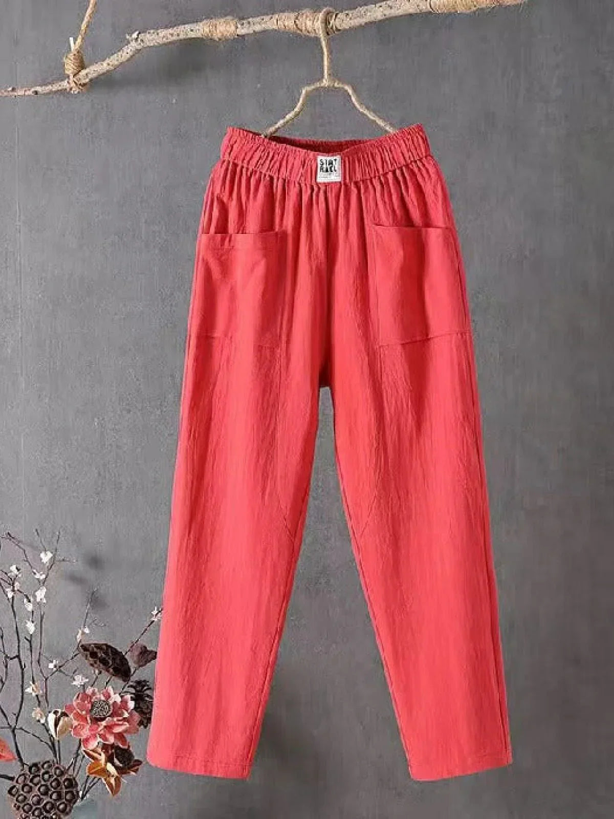 Dames Broek met Elastische Taille en Zijzakken Regular Fit Rood