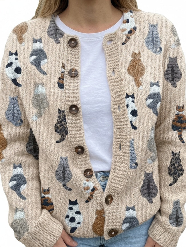 Dames Cardigan met Kattenprint en Knoopsluiting