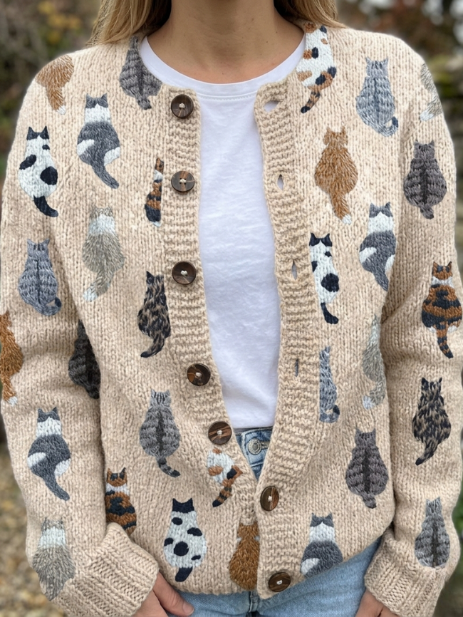 Dames Cardigan met Kattenprint en Knoopsluiting Beige