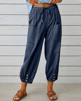 Dames Casual Broek met Hoge Taille, Koordsluiting en Knoopdetail aan de Enkels