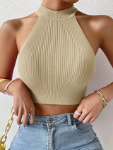 Dames Crop Top Mouwloos met Halter Hals en Geribde Textuur