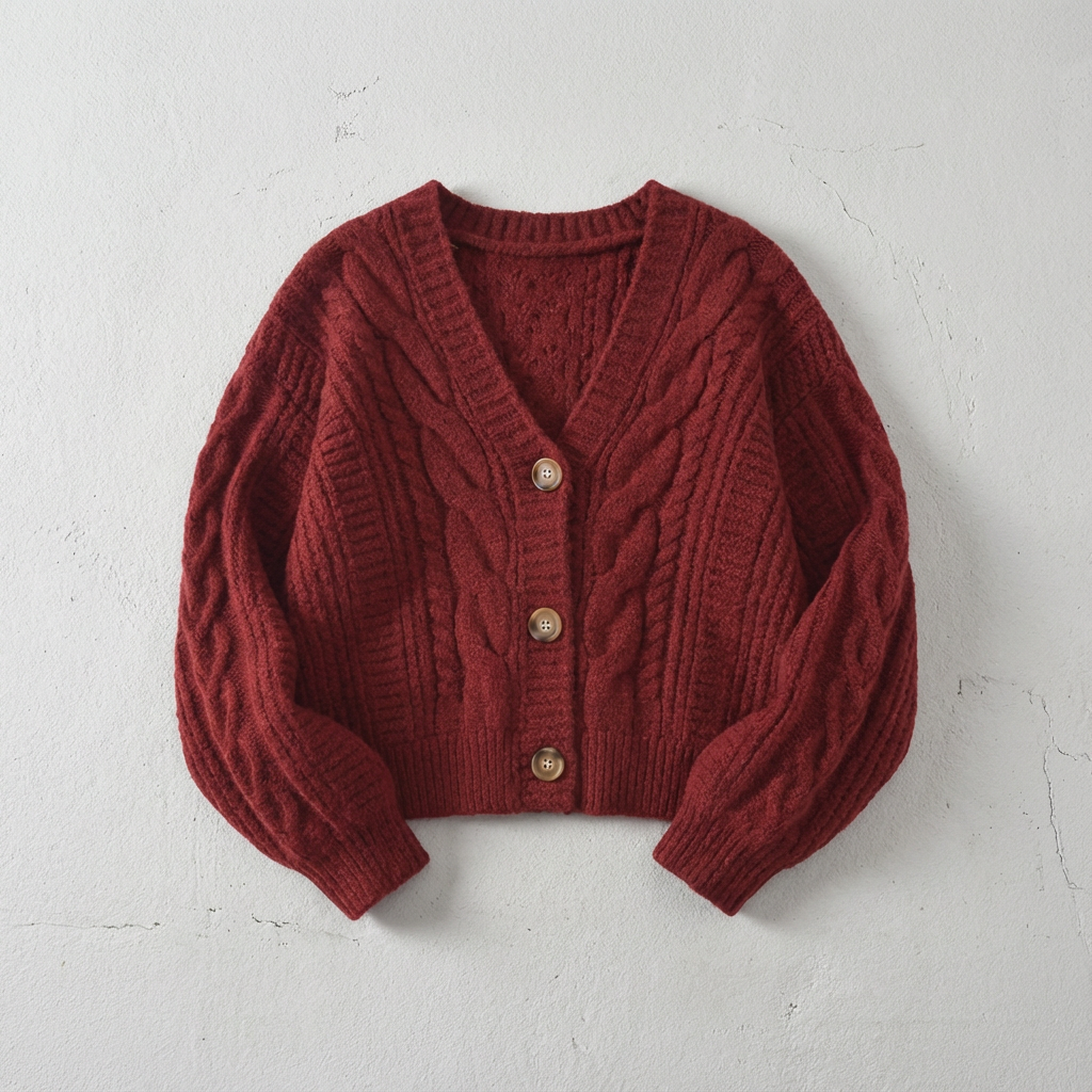 Dames Cropped Kabelbreisel Cardigan met V-hals Rood