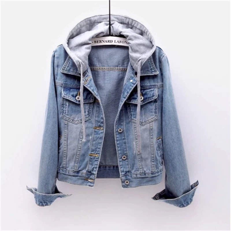 Dames Denim Jacket met Afneembare Capuchon en Knoopsluiting Lichtblauw