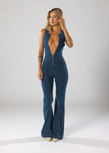 Dames Denim Jumpsuit Mouwloos met Diepe V-hals en Wijduitlopende Pijpen