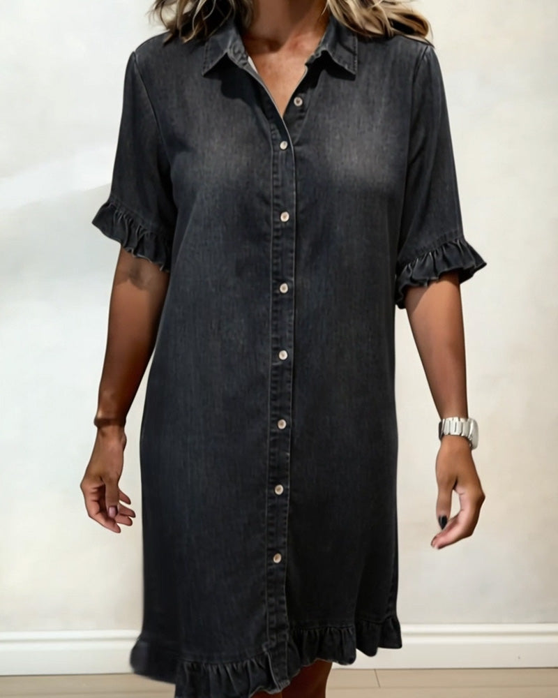 Dames Denim Jurk met Knoopsluiting, Volantmouwen en Ruches