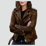 Dames Faux Leather Biker Jacket met Asymmetrische Ritssluiting en Tailleband