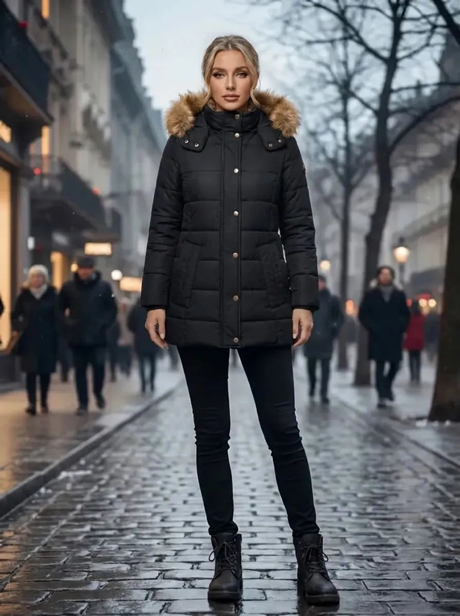 Dames Gewatteerde Winterjas met Capuchon en Imitatiebont Rand