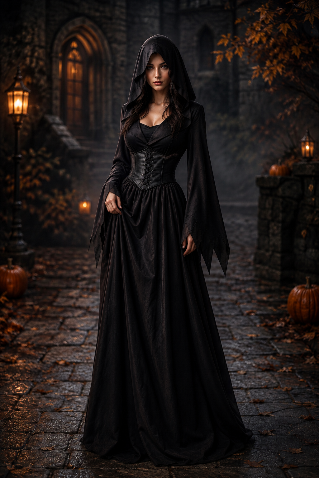 Dames Halloween Gotische Maxi Jurk met Capuchon, Wijdvallende Mouwen en Corset