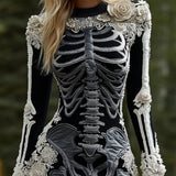 Dames Halloween Jurk Lange Mouw met Skelet en Bloemen Appliqué Bodycon Mini
