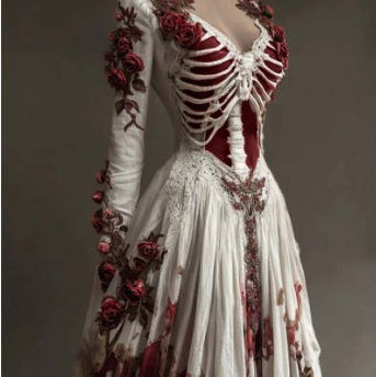 Dames Halloween Jurk Lange Mouw met Skelet en Bloemen Appliqué Bodycon Mini Wit Rood