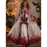 Dames Halloween Maxi Jurk met Lange Mouw, V-hals en Skelet Print