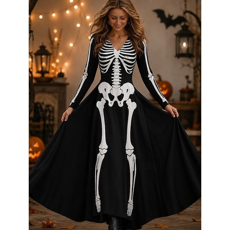 Dames Halloween Maxi Jurk met Lange Mouw, V-hals en Skelet Print Zwart Wit