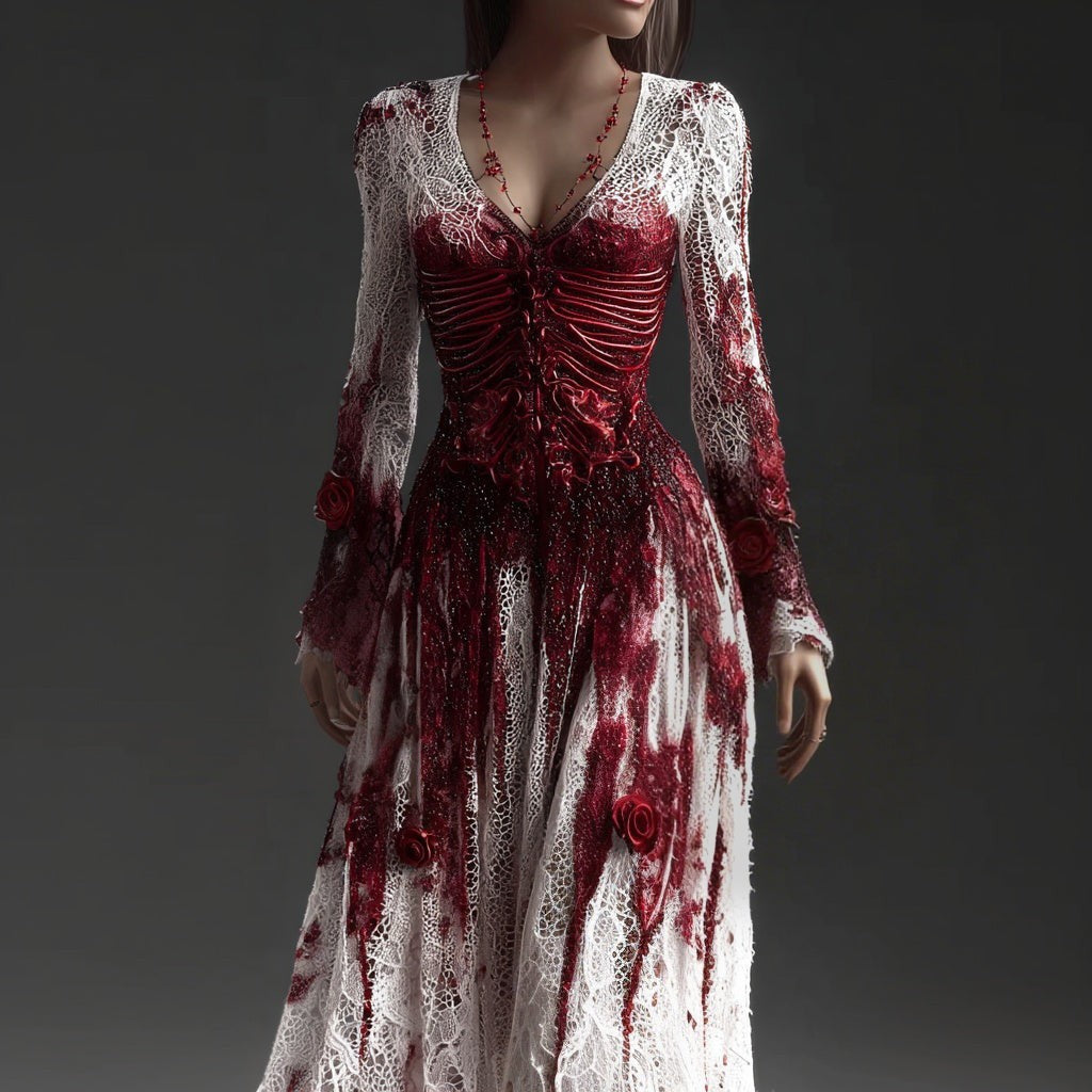 Dames Halloween Maxi Jurk met Skelet Print, Klokmouwen en Kanten Zoom Rood