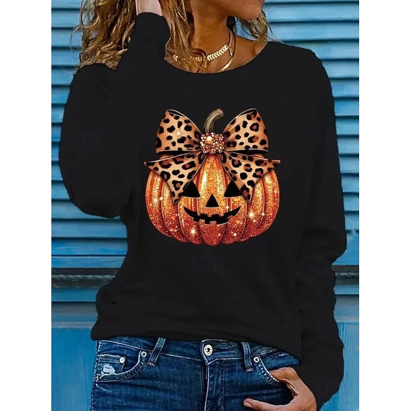 Dames Halloween Shirt Lange Mouw met Pompoen Print en Ronde Hals Donkergrijs
