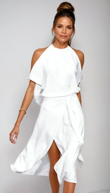 Dames Halter Midijurk met Open Schouders en Asymmetrische Zoom