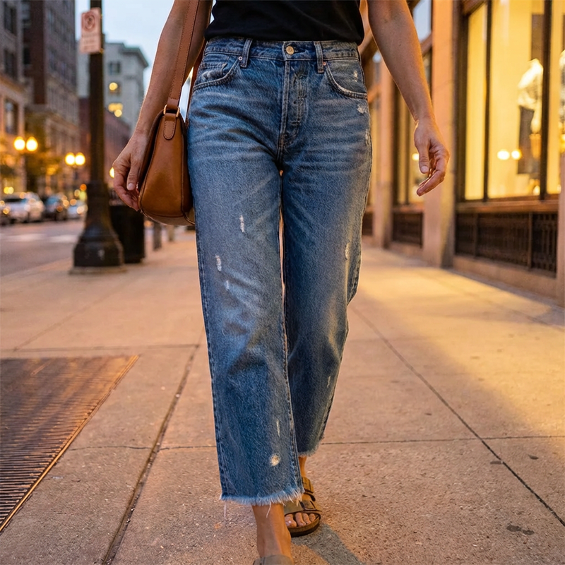 Dames Jeans Straight Fit met Destroyed Details en Gerafelde Zoom