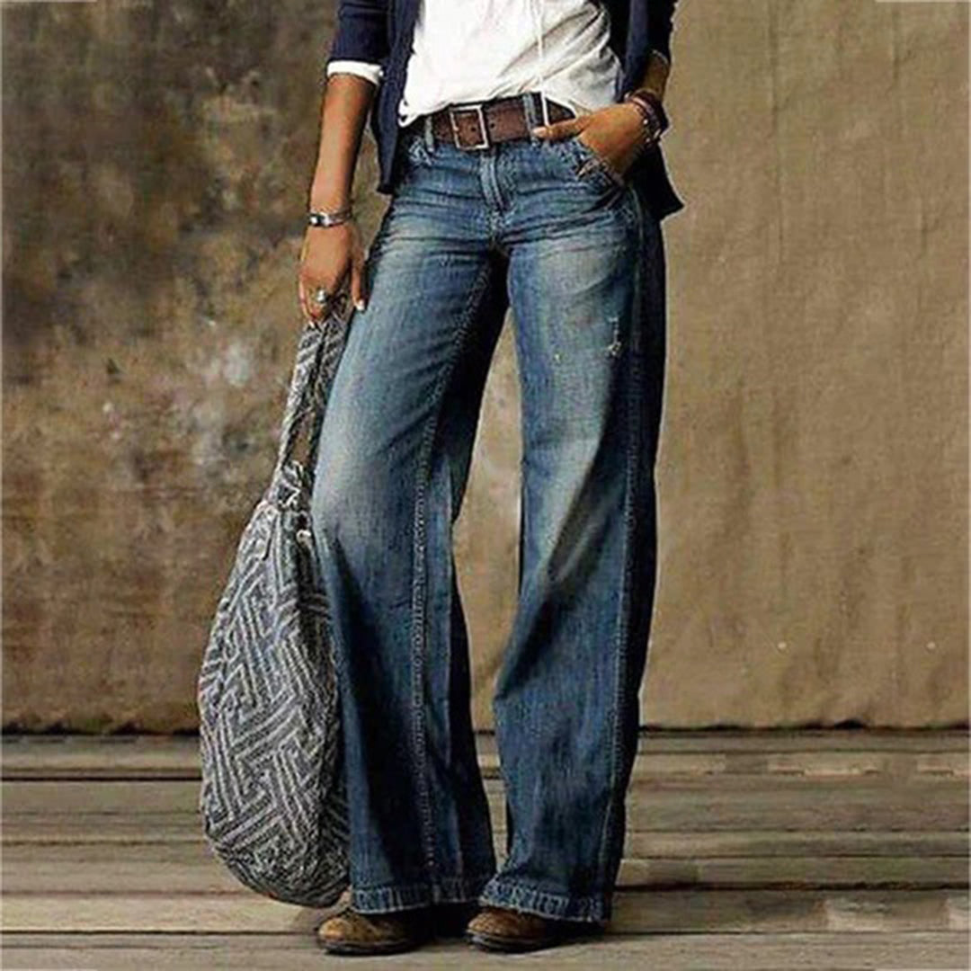 Dames Jeans Wide Leg met Vintage Wassing en Hoge Taille Blauw