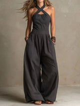 Dames Jumpsuit met Gekruiste Halter en Wijde Pijpen