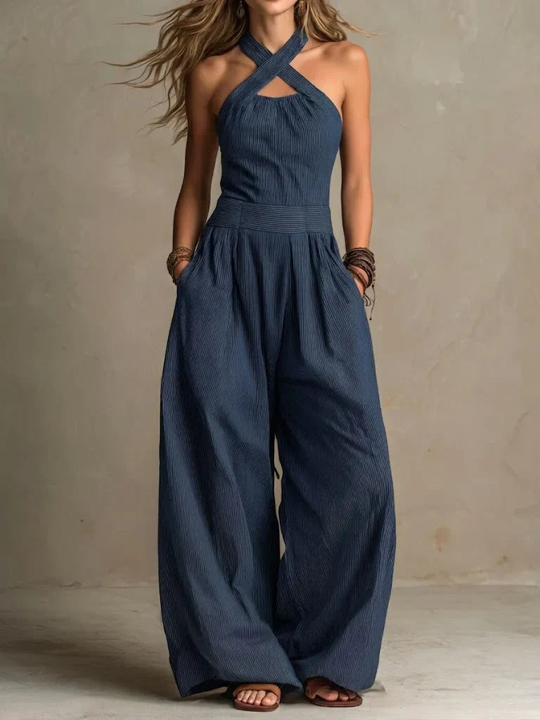 Dames Jumpsuit met Gekruiste Halter en Wijde Pijpen Marineblauw