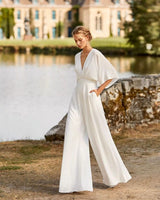 Dames Jumpsuit met V-hals, Vlindermouw en Wijde Pijpen