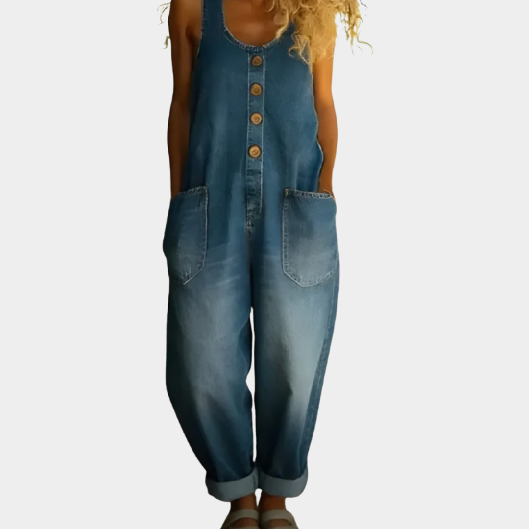 Dames Jumpsuit Mouwloos met Knoopsluiting en Zakken